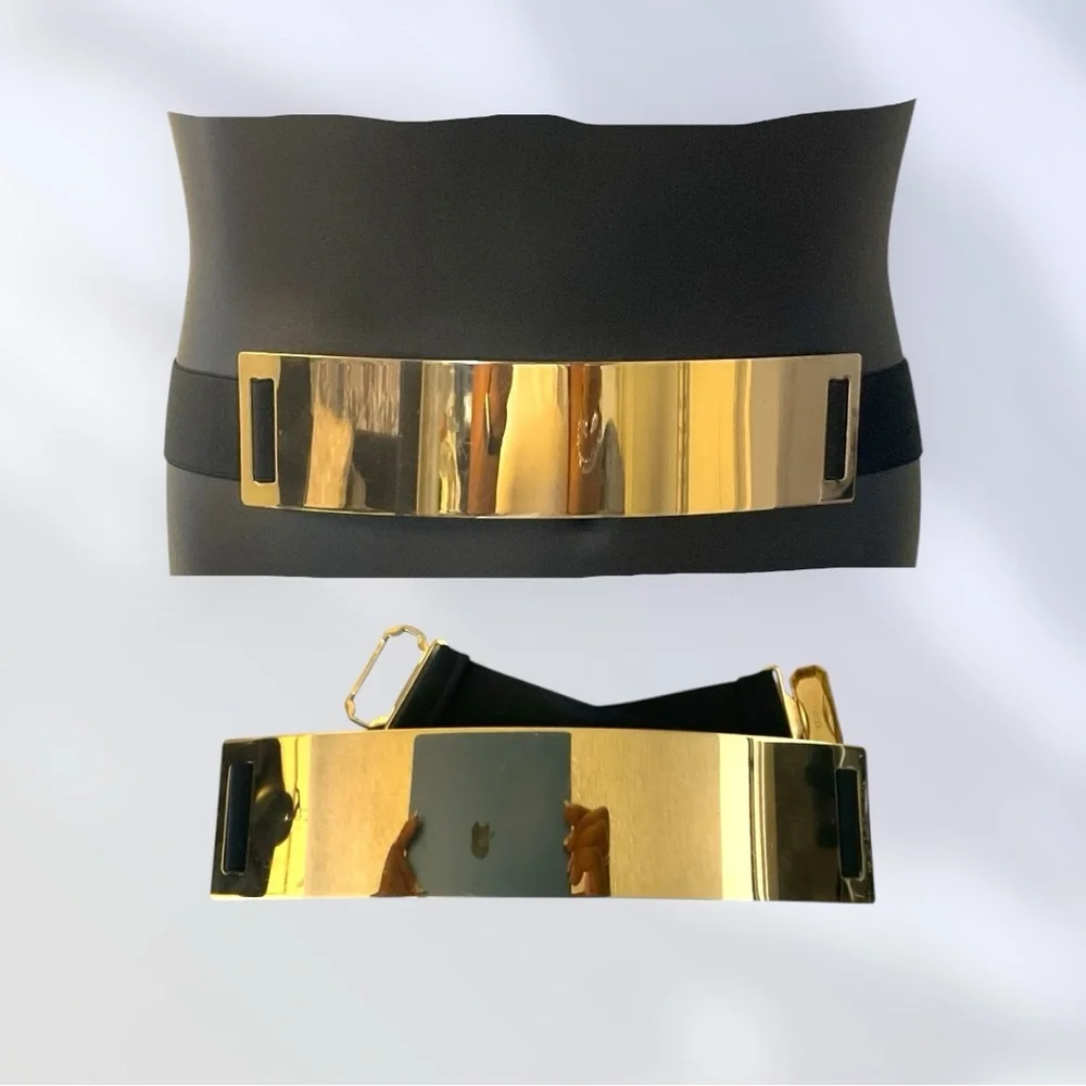 Black Stretch Gold Metal‎ Plated Belt Moto Mod Retro